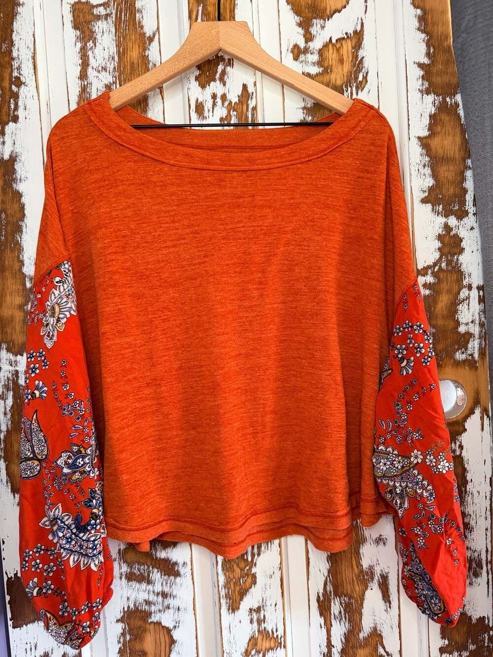 Orange Thermal Knit Top With Floral Print Contrast Sleeves Size L Boho Cottage